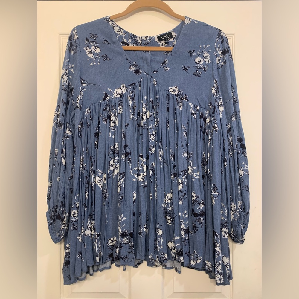 Mod X Boho Extra Pleated Long Sleeve Blue Blouse/Mini 1X Dress.            1971